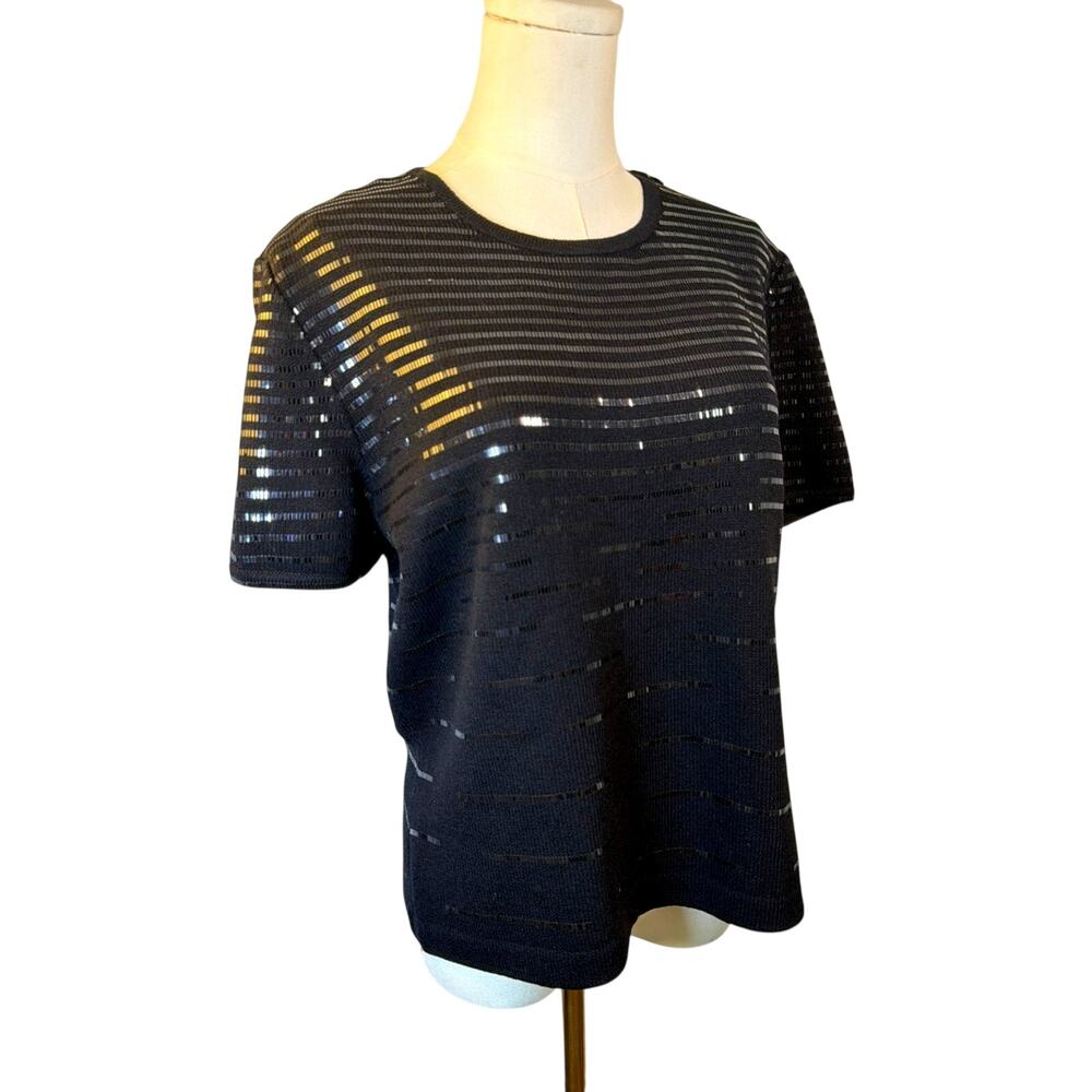 St John Evening Marie Gray Sequin Metallic Knit Top Black Sz 10 Holiday Festive